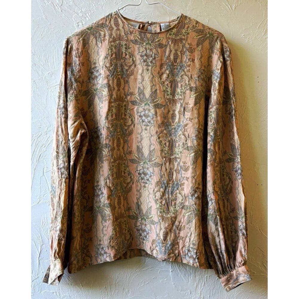 Liz Claiborne Collection Women’s Blouse 6 Silk Beige/Blue/Green Floral LongSlv